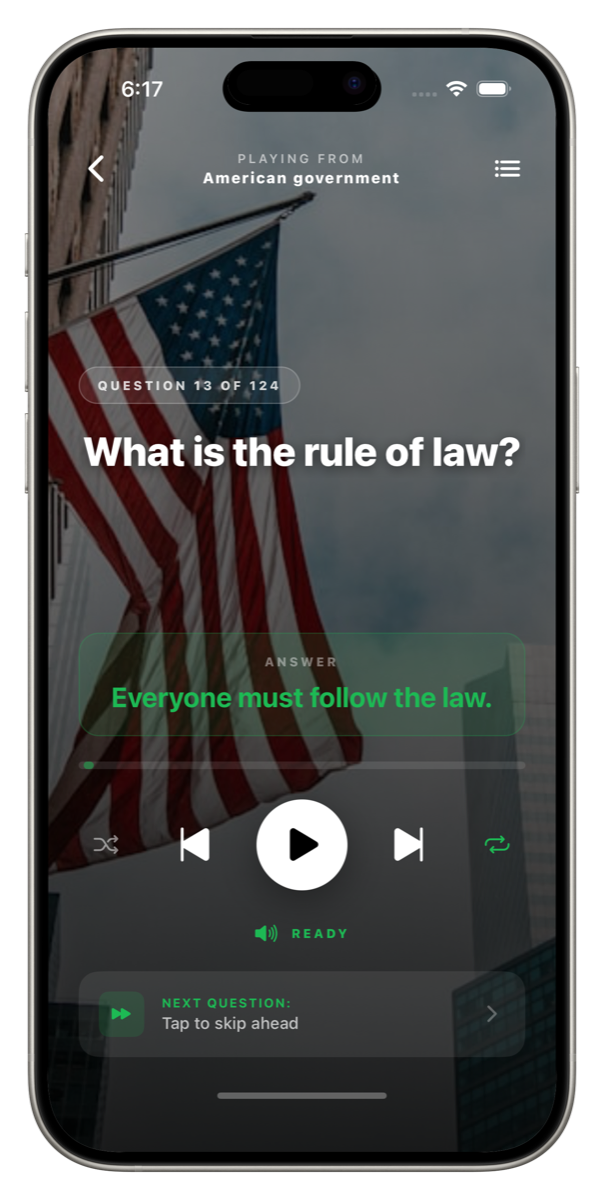 Audio listening mode with civics question