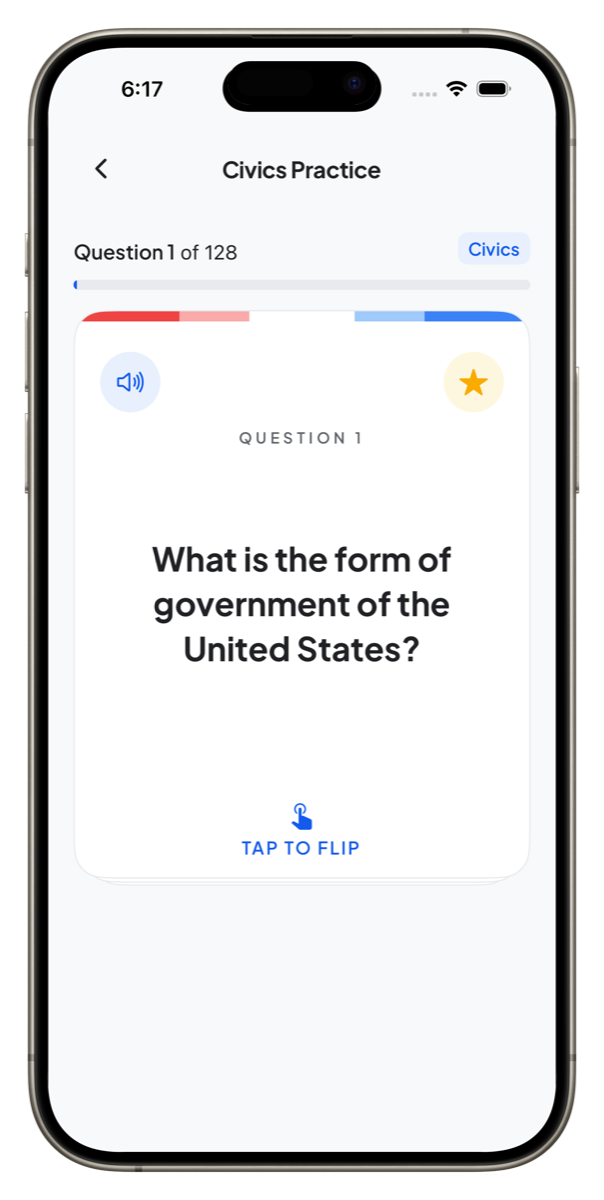 Civics flashcard practice screen