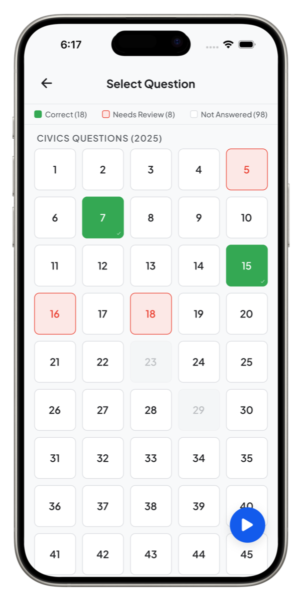 Question selector with progress tracking